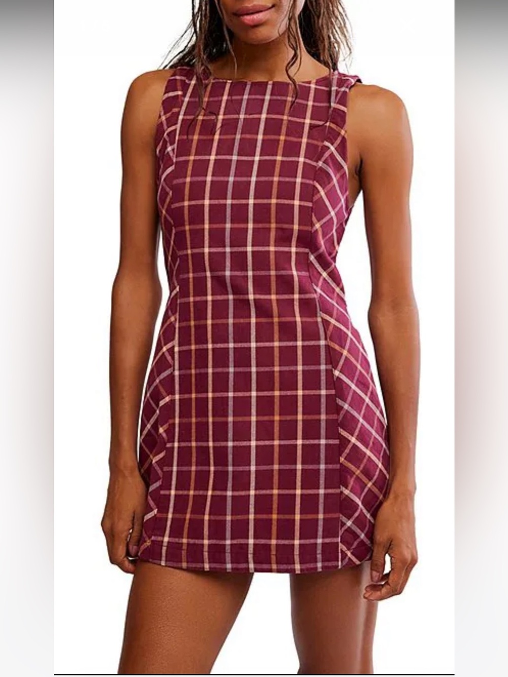 NWT🌷(S) Free People Plaid Printed Boat Neck Sleeveless Back Cut-Out Mini Dress